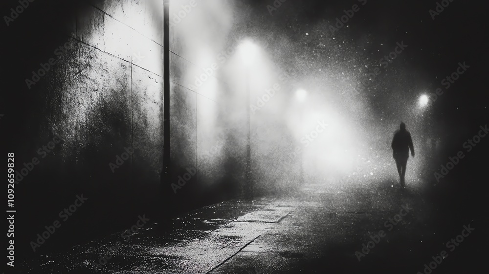 Obraz premium A lone figure walks down a foggy, dimly lit street.