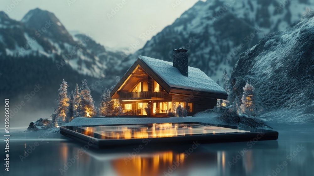 Fototapeta premium A sleek 3D-rendered mountain chalet rotating on a futuristic tablet 