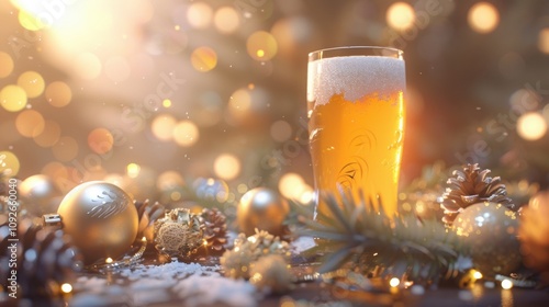 Frosty glass of beer surrounded by festive pinecones, golden baubles, and soft glowing Christmas lights in a cozy holiday ambiance.