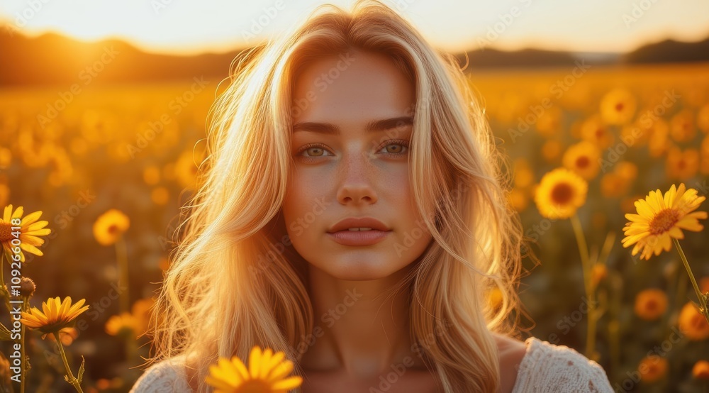 Blonde woman in sunflower field at sunset Blonde woman in sunflower field at sunset