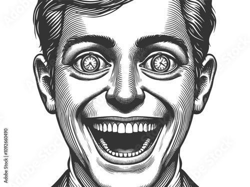 man smiling widely with clock eyes and tears, symbolizing time and psychological themes sketch engraving generative ai vector illustration. Scratch board imitation. Black and white image.