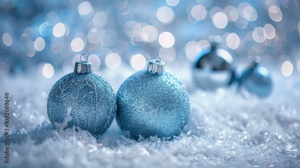Close-up of sparkling blue Christmas ornaments resting on fresh snow, with bokeh lights and falling snowflakes in a dreamy holiday scene. Close-up of sparkling blue Christmas ornaments resting on fresh snow, with bokeh lights and falling snowflakes in a dreamy holiday scene.