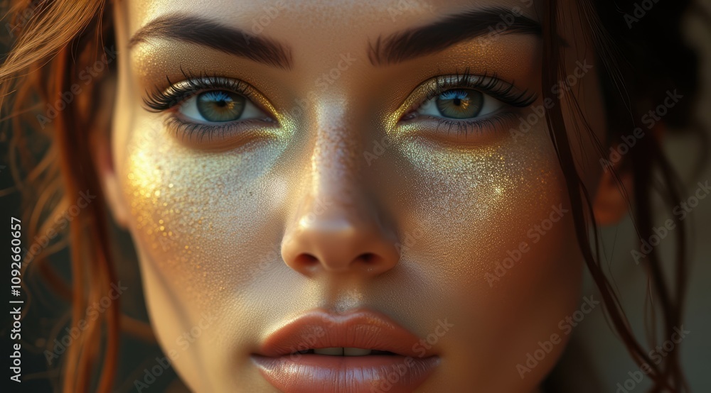 Close-up of a beautiful woman with golden glow Close-up of a beautiful woman with golden glow