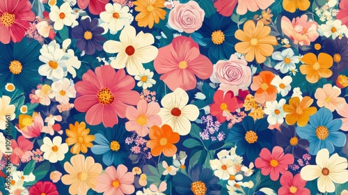 frame entirely filled with assorted flowers, vibrant petals, tightly packed, full coverage, romantic and lively, seamless floral background