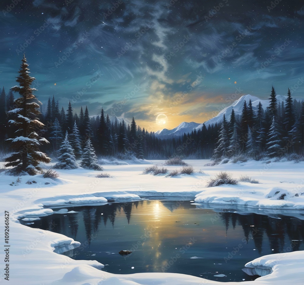 Fototapeta premium Illustration of winter landscape with frozen lake and starry sky.