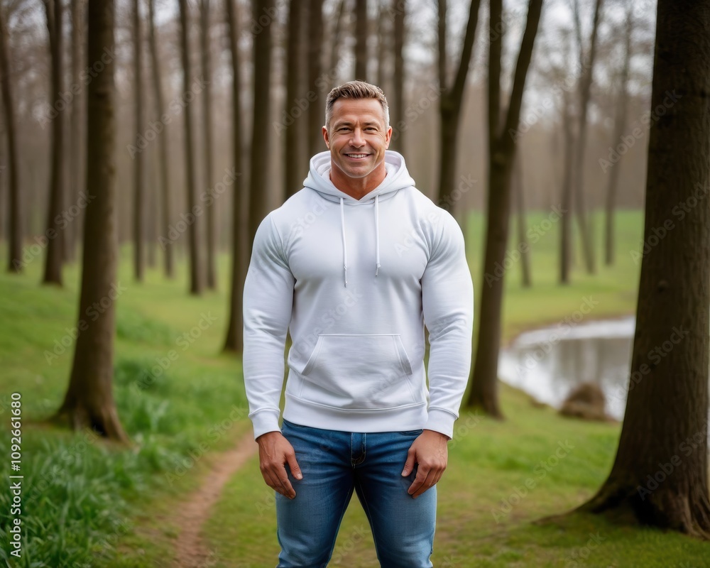 Muscular man wearing white hoodie and jeans standing in nature Muscular man wearing white hoodie and jeans standing in nature