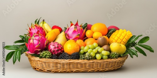 Fresh fruit basket featuring exotic options like dragon fruit, starfruit, and mango, colorful and tropical,