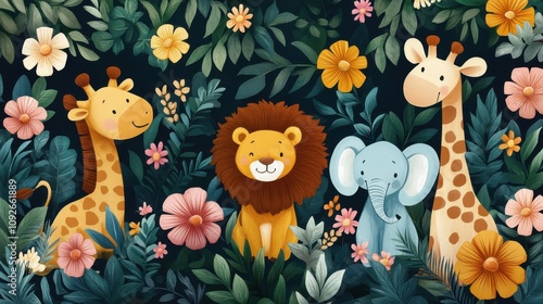 Playful jungle animals like monkeys, sloths, and crocodiles in a vibrant floral setting. Fun and cheerful vector illustration photo