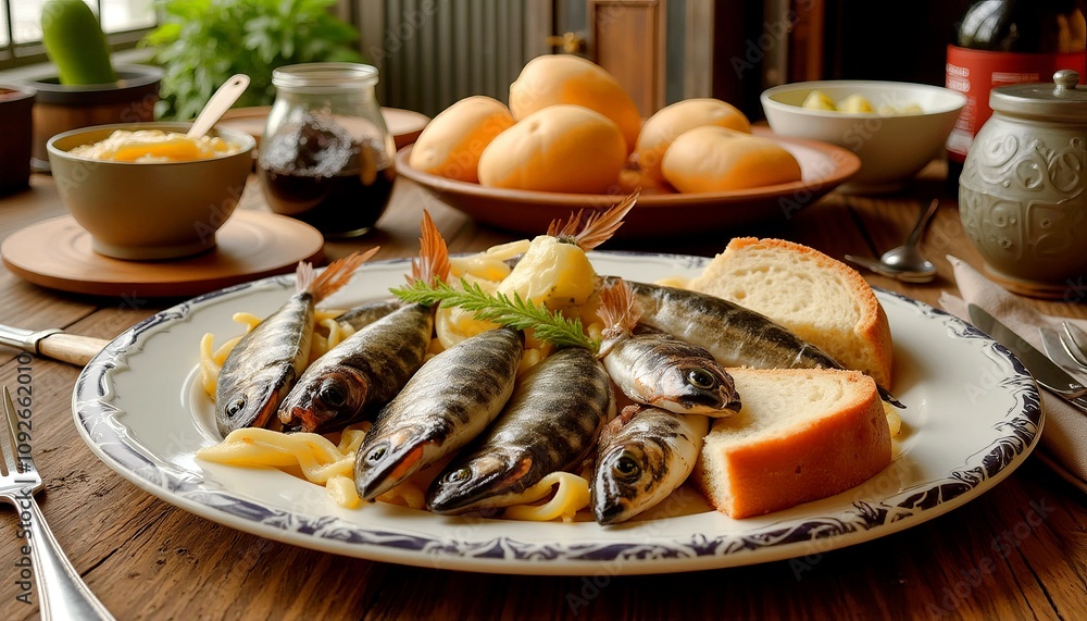 Delicious plated fish sprats with pasta, bread, and fresh vegetables on rustic wooden table Delicious plated fish sprats with pasta, bread, and fresh vegetables on rustic wooden table