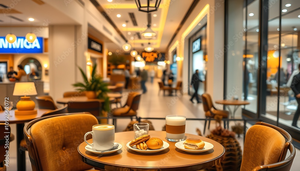 A cozy corner of a shopping mall café is depicted, with warm lighting illuminating a table set with pumpkin spice lattes and autumn pastries. A cozy corner of a shopping mall café is depicted, with warm lighting illuminating a table set with pumpkin spice lattes and autumn pastries.