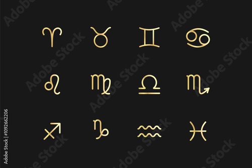 Golden astrological symbols of the twelve zodiac signs on a black background.