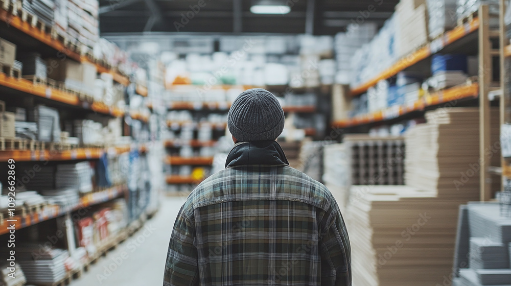 Man in a flannel shirt browsing a hardware store aisle filled with construction materials and tools, captured from behind in a well-lit retail environment. Man in a flannel shirt browsing a hardware store aisle filled with construction materials and tools, captured from behind in a well-lit retail environment.