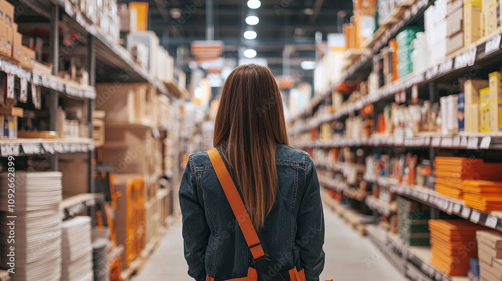 Fototapeta premium Woman in a denim jacket shopping in a hardware store aisle, surrounded by organized shelves of tools, materials, and construction supplies under bright lighting.