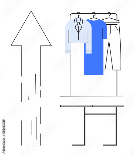 Clothing rack with business suit, blue shirt and pants, large upward arrow symbolizing career growth. Ideal for career advancement, business attire, personal development, job success, dressing