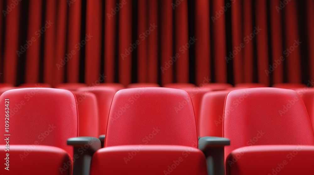 Fototapeta premium A vibrant red theater seating arrangement in front of a matching curtain, creating an inviting space for audiences.