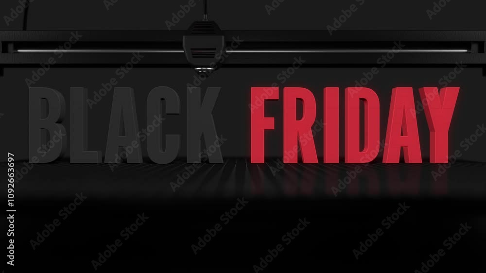 A timelapse showcasing the 3D printing process of the “BLACK FRIDAY” text in red on a dark background. Perfect promotional material for sales, modern technologies, or visual marketing. A timelapse showcasing the 3D printing process of the “BLACK FRIDAY” text in red on a dark background. Perfect promotional material for sales, modern technologies, or visual marketing.