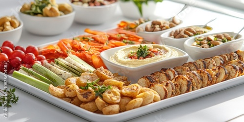 Healthy snacks setup with veggie sticks, hummus, and nuts, beautifully arranged on a clean white platter,