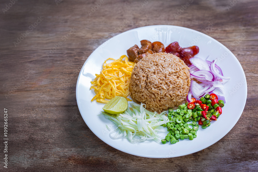 Shrimp paste fried rice or Khao kluk kapi is a delicious Thai dish that combines many ingredients such as shrimp paste, mixed with Thai jasmine rice and various side dishes. Shrimp paste fried rice or Khao kluk kapi is a delicious Thai dish that combines many ingredients such as shrimp paste, mixed with Thai jasmine rice and various side dishes.