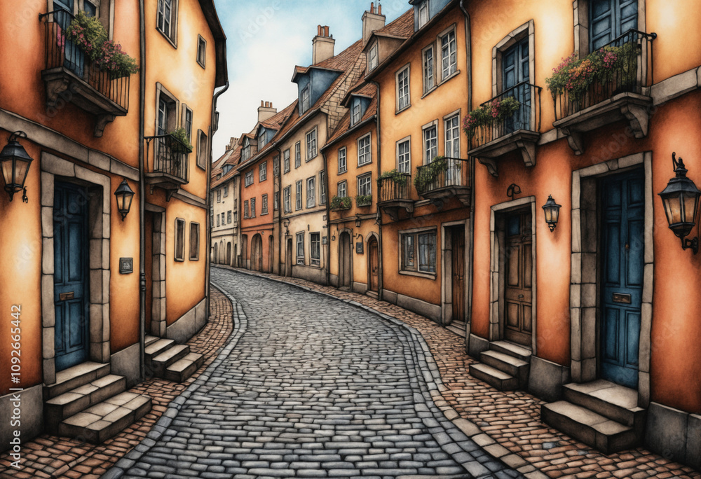 Narrow cobblestone street with colorful houses Narrow cobblestone street with colorful houses