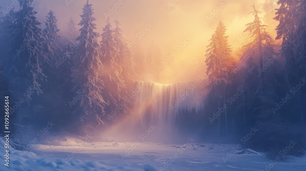 Frozen Waterfall in a Misty Forest at Sunset Frozen Waterfall in a Misty Forest at Sunset