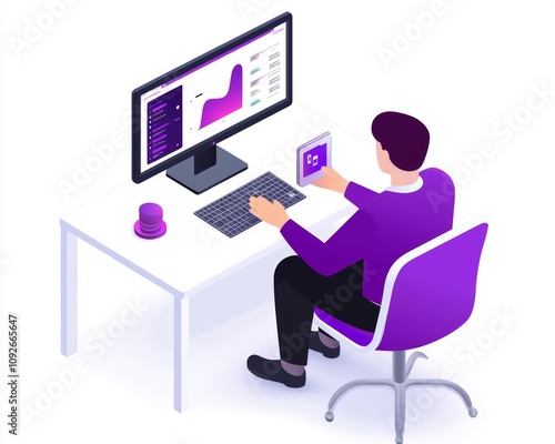 A person sits at a desk with a computer, analyzing data charts on a screen, while using a tablet, all in a modern purple-themed workspace.