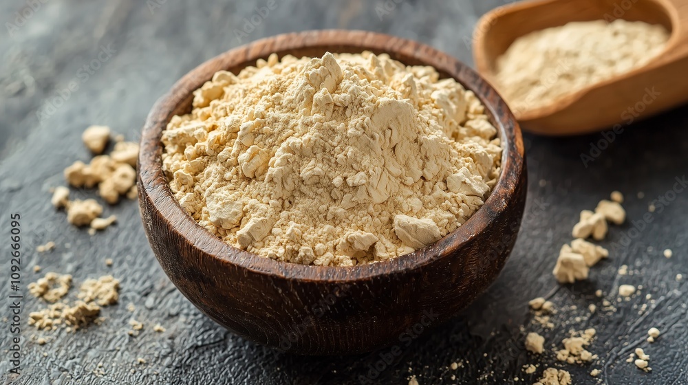 Bowl of plant-based protein powder on a dark surface, symbolizing natural nutrition. Bowl of plant-based protein powder on a dark surface, symbolizing natural nutrition.