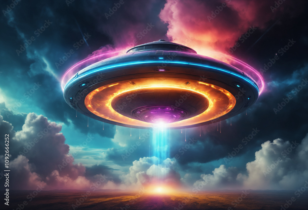 Glowing UFO in colorful atmospheric sky Glowing UFO in colorful atmospheric sky