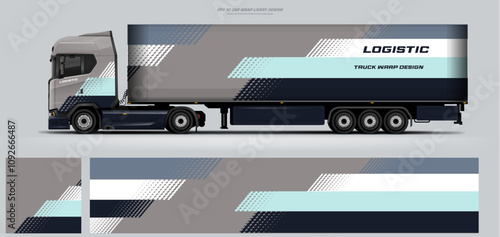 Vector truck trailer livery design template. Truck Cargo delivering vehicle paintjob. Mock up and design on separate layers vector files.