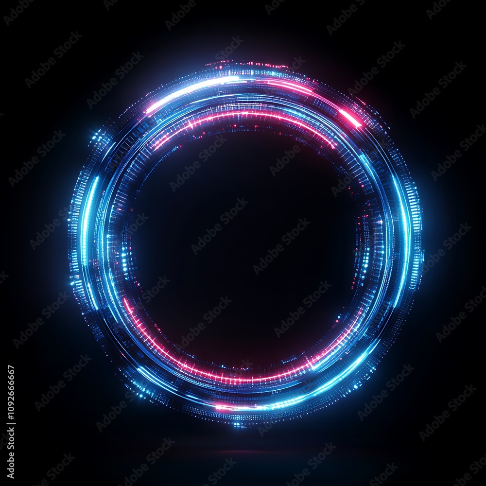 Futuristic Circular Neon Frame with Bright Light Trails in Blue and Pink Colors on a Dark Background, Ideal for Technology and Digital Art Concepts Futuristic Circular Neon Frame with Bright Light Trails in Blue and Pink Colors on a Dark Background, Ideal for Technology and Digital Art Concepts