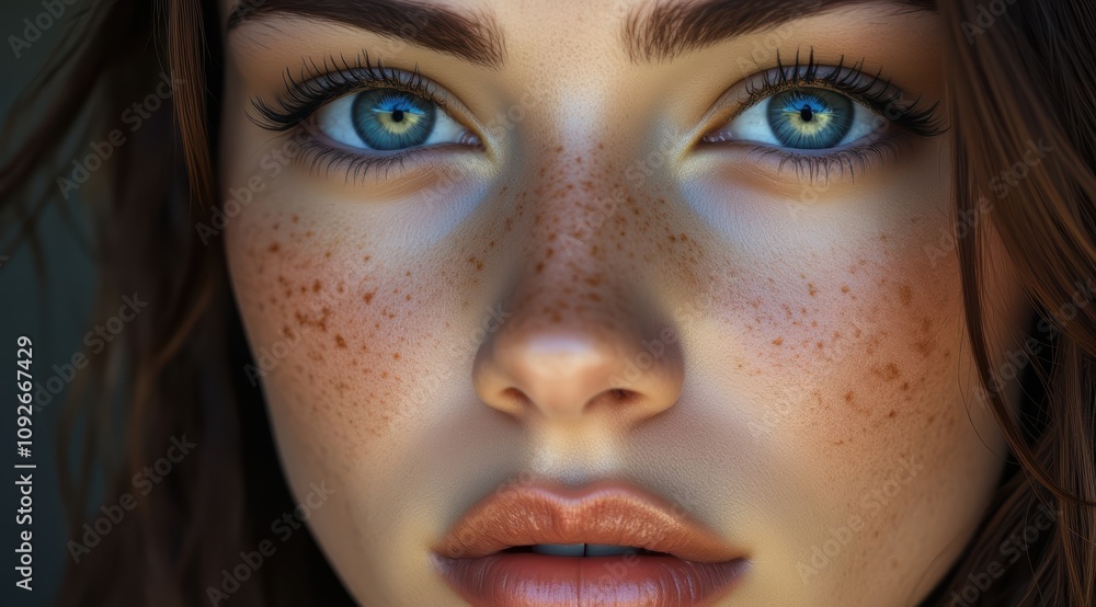 Close-up of a young woman with freckles Close-up of a young woman with freckles