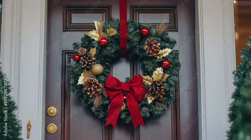 Christmas wreath hanging on a front door with a bow Christmas wreath hanging on a front door with a bow