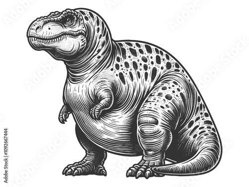 plump fat dinosaur body positive chubby T-rex body, showcasing unique, retro-inspired artwork sketch engraving generative ai vector illustration. Scratch board imitation. Black and white image.