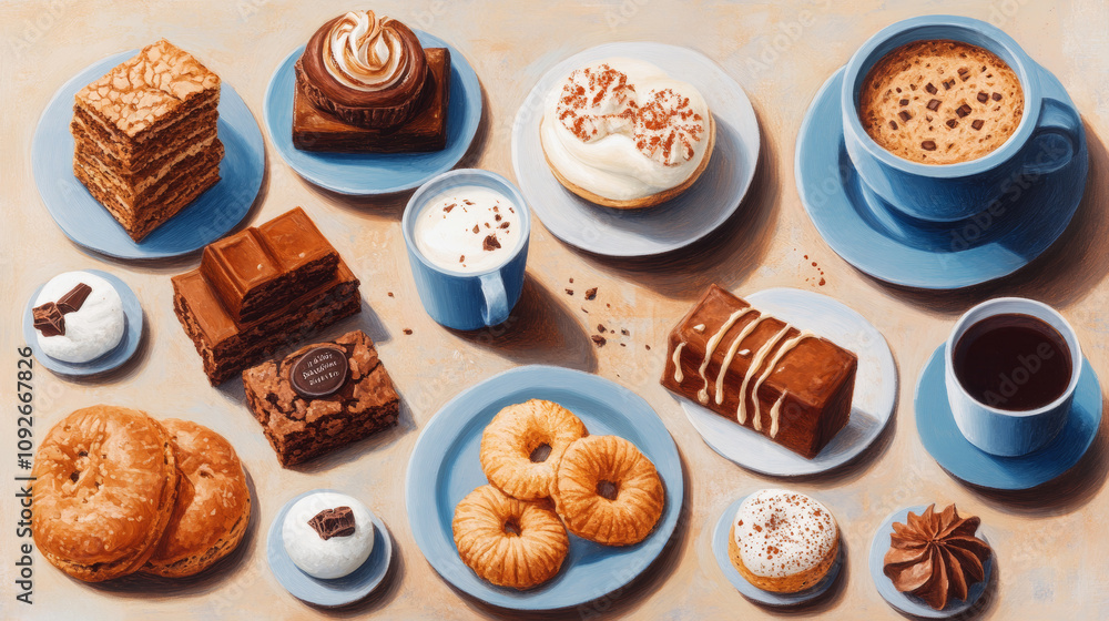 Assorted pastries, brownies, and coffee on blue plates. Seasonal Indulgence and Festive Treats Assorted pastries, brownies, and coffee on blue plates. Seasonal Indulgence and Festive Treats