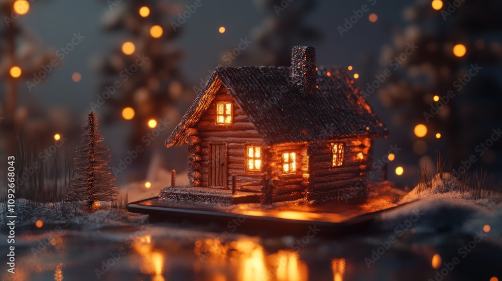 A rustic cabin's 3D model glowing on a tablet, earthy tones, warm lighting A rustic cabin's 3D model glowing on a tablet, earthy tones, warm lighting