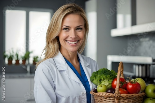 Professional dietitian encouraging balanced nutrition surrounded by fresh fruits and vegetables.
Health-focused female expert in a lab coat sharing the importance of eating nutritious foods. photo