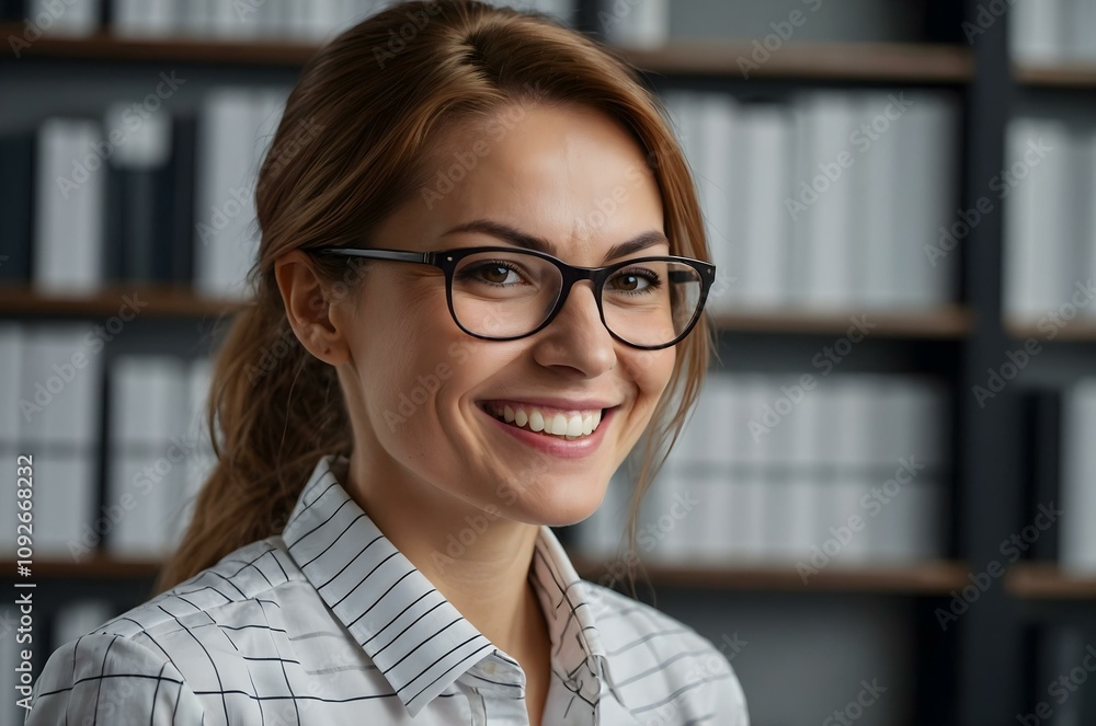 Bright and cheerful accountant woman, smiling in a modern office, great for financial and professional-themed galleries. Bright and cheerful accountant woman, smiling in a modern office, great for financial and professional-themed galleries.