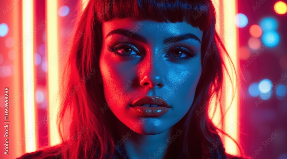 Stunning woman with striking blue and red lights Stunning woman with striking blue and red lights