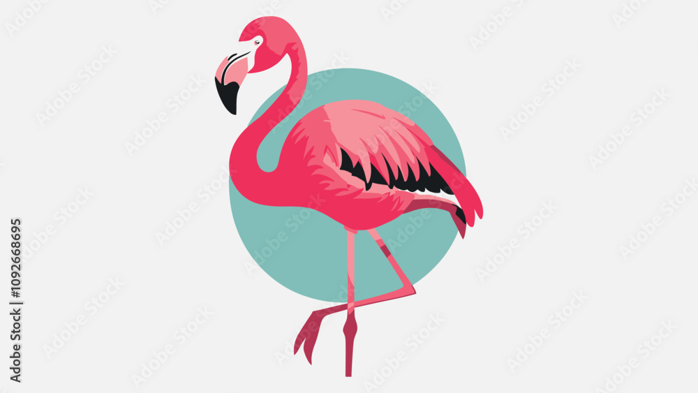 Obraz premium Colorful Flamingo Standing Among Tropical Greenery 
