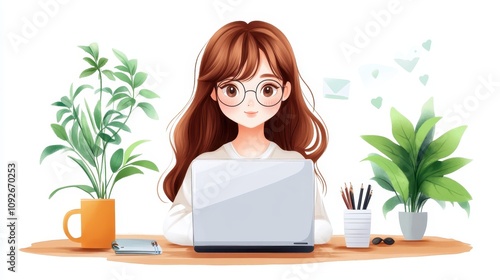 A young woman with glasses works on a laptop surrounded by houseplants and stationery, creating a vibrant and inviting workspace.