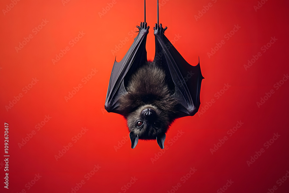 Fototapeta premium A striking image of a bat hanging upside down against a vivid red background, showcasing its unique features and texture.