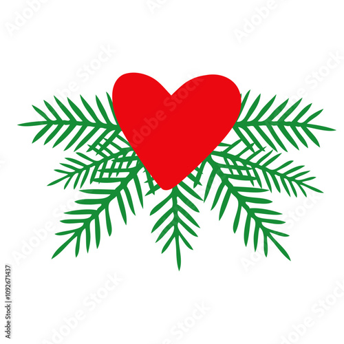 Ilustración para decoración primaveral. Borde de adorno. Banner con marco con ramas de pino o abeto con corazón para tarjetas y felicitaciones de San Valentín