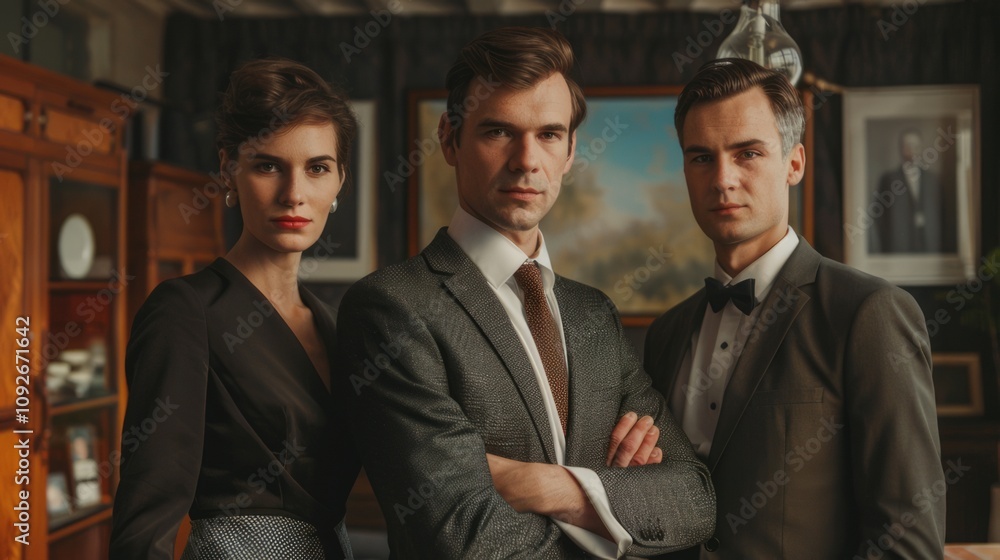 A stylish woman stands confidently beside two sharply dressed men in a vintage setting A stylish woman stands confidently beside two sharply dressed men in a vintage setting