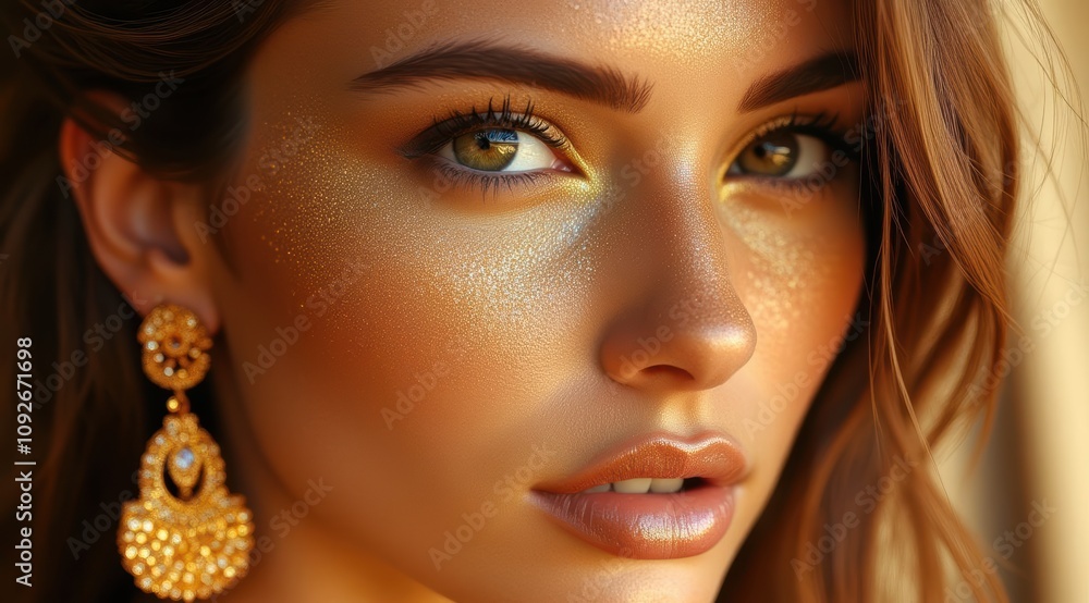 Close-up of a young woman with golden highlights Close-up of a young woman with golden highlights