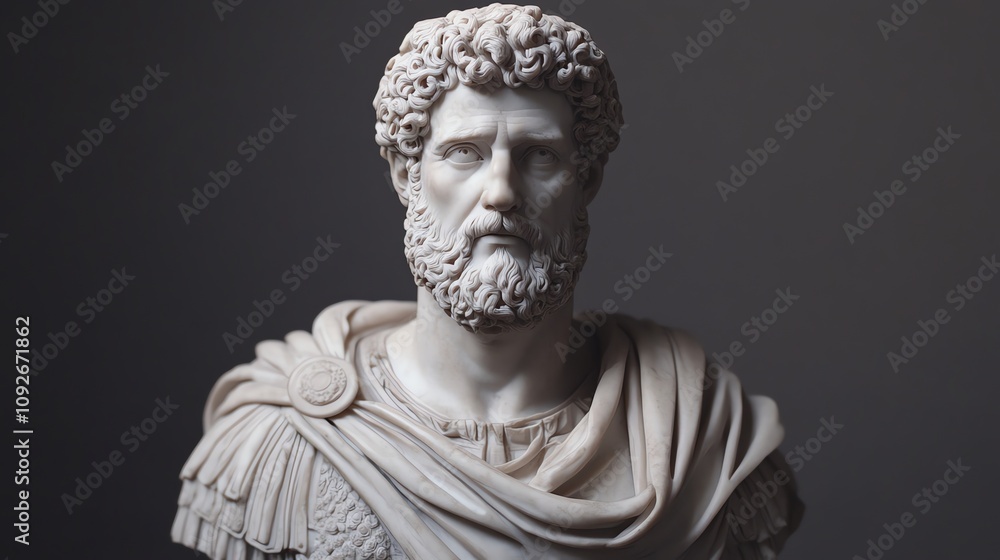 Close up of a white marble bust of a man with curly hair and a beard. Close up of a white marble bust of a man with curly hair and a beard.