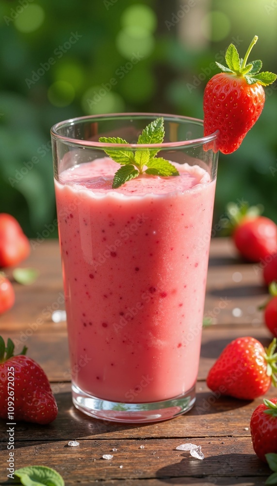Vibrant pink fruit smoothie with strawberries and mint on rustic table Vibrant pink fruit smoothie with strawberries and mint on rustic table