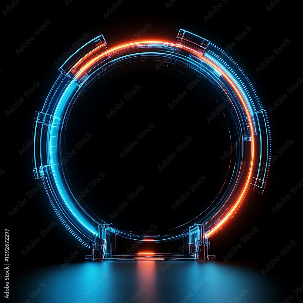 Futuristic Portal Design with Neon Blue and Orange Lights, Abstract Sci-Fi Background Featuring Circular Elements and Glowing Effects in Dark Environment Futuristic Portal Design with Neon Blue and Orange Lights, Abstract Sci-Fi Background Featuring Circular Elements and Glowing Effects in Dark Environment