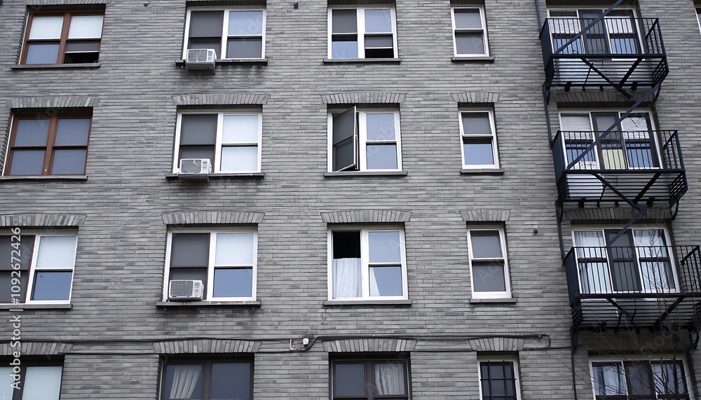 The classic gray brickwork of an older apartment building, with its sturdy, timeless architecture and character. The classic gray brickwork of an older apartment building, with its sturdy, timeless architecture and character.