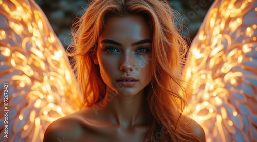 Ethereal woman with glowing angel wings photo