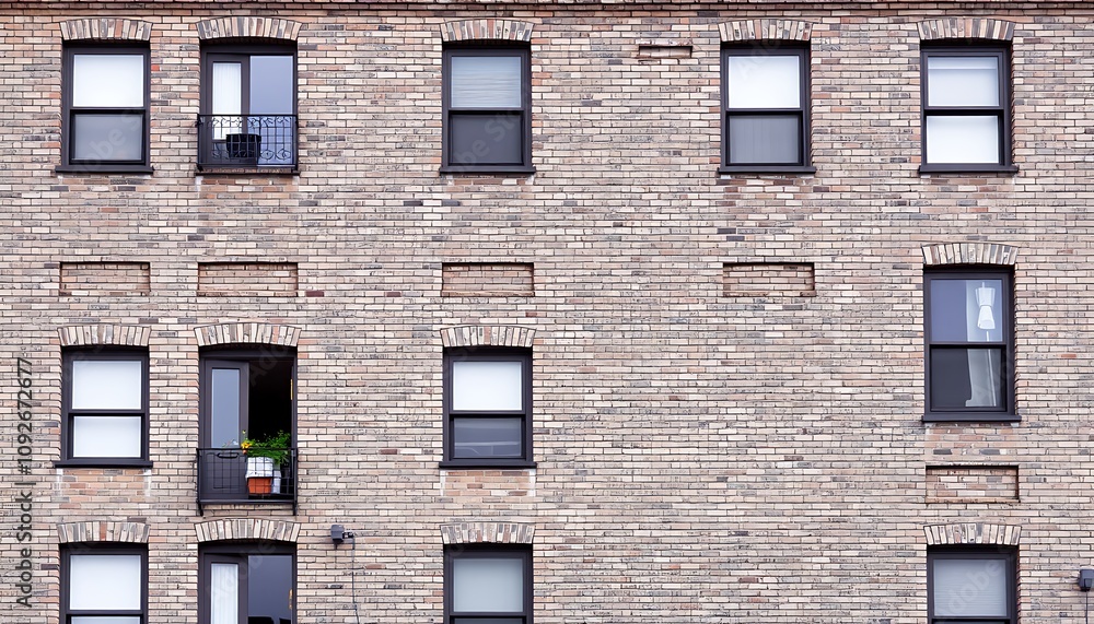 Obraz premium The classic gray brickwork of an older apartment building, with its sturdy, timeless architecture and character. 