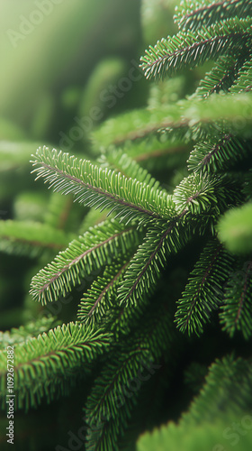 Close-up of lush green pine tree branches with needle-like leaves, showcasing the intricate details and vibrant color of the foliage.